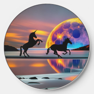Purple Sunset, unicorns, Full Moon on the beach Wireless Charger