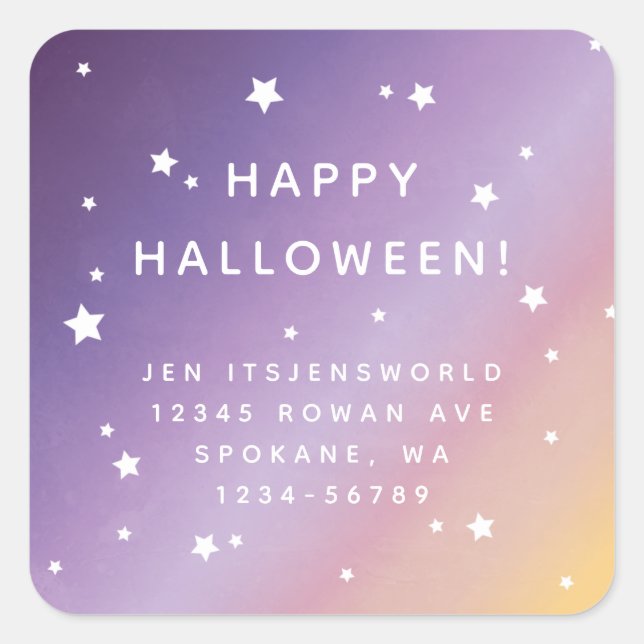 Purple Sunset + White Stars Custom Text/Address Square Sticker (Front)