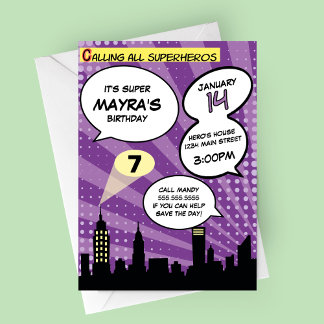 Purple Superheros Comic Book Styled Birthday Party Invitation
