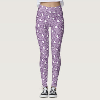 Purple Swan and Floral Leaf Pattern Leggings