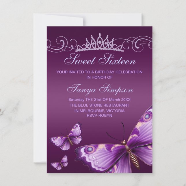 Purple Sweet16 Butterfly & Tiara Birthday Invite (Front)
