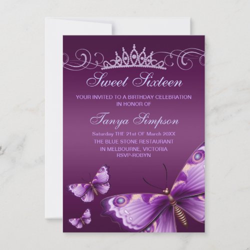 Purple Sweet16 Butterfly &amp; Tiara Birthday Invite