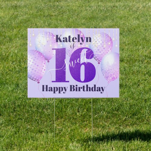 Purple Sweet 16 Birthday Bold Modern Balloons Yard Sign