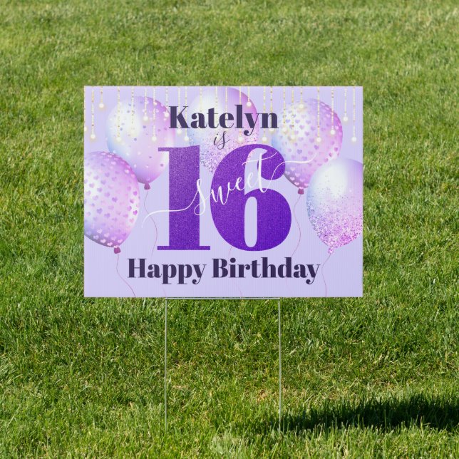 Purple Sweet 16 Birthday Bold Modern Balloons Yard Sign (Insitu)