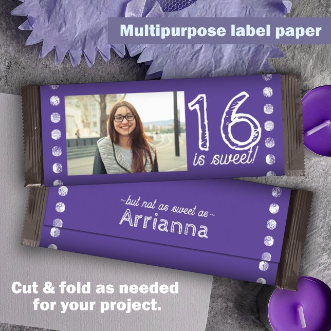 Purple Sweet 16 Birthday Candy Bar Wrapper (Purple personalized candy bar label, sweet 16 chocolate bar wrapper customized party candy )