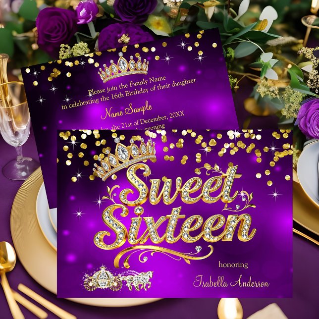 Purple Sweet 16 Birthday Diamond Tiara Carriage Invitation (Creator Uploaded)