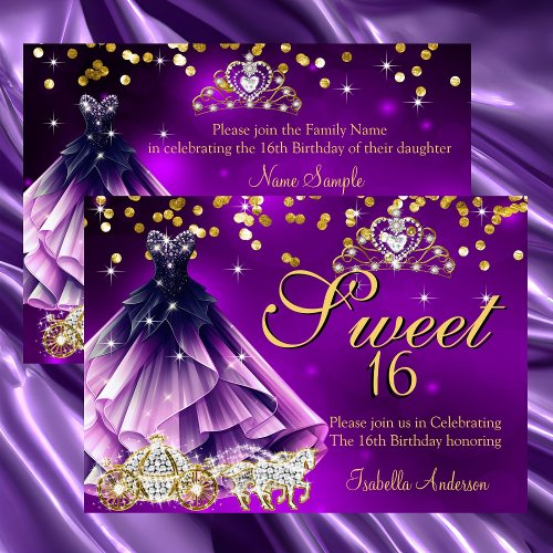 Purple Sweet 16 Birthday Dress Tiara Carriage  Invitation