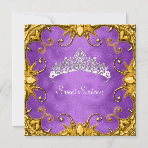 Purple Sweet 16 Birthday Party Gold White Tiara Announcements