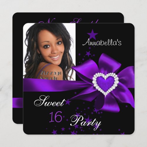 Purple Sweet 16 Birthday Party Heart Photo Invitation