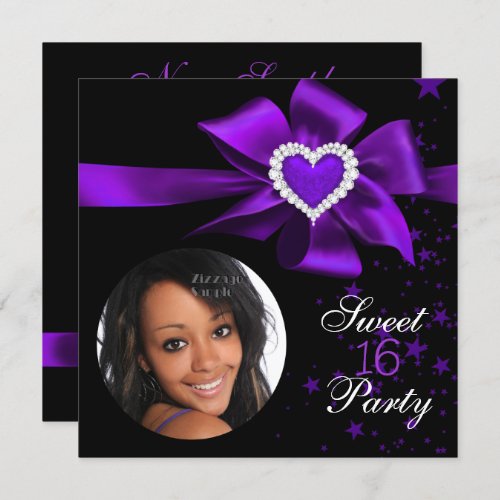 Purple Sweet 16 Birthday Party Heart Photo Invitation