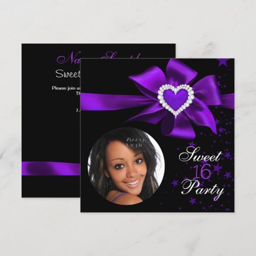 Purple Sweet 16 Birthday Party Heart Photo Invite