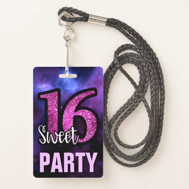 Purple Sweet 16 Birthday Party Invitation ID Card Badge (Front with Lanyard)