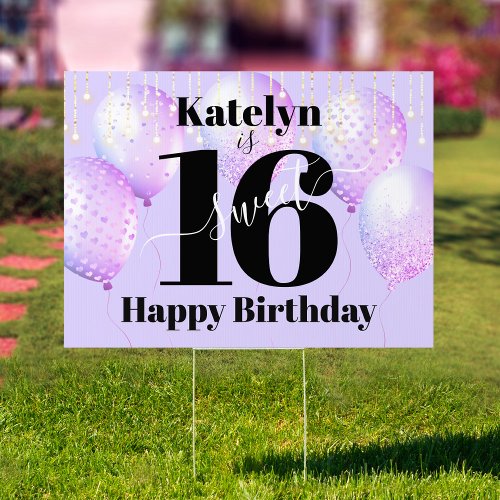 Purple Sweet 16 Happy Birthday Modern Balloon Yard Sign