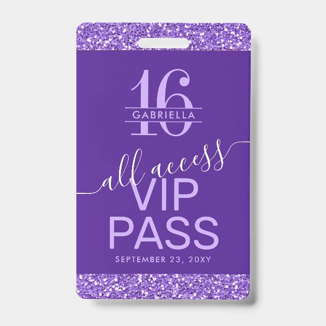 Purple Sweet 16 Invitation VIP Pass Badge (Front)