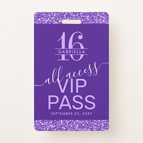 Purple Sweet 16 Invitation VIP Pass Badge