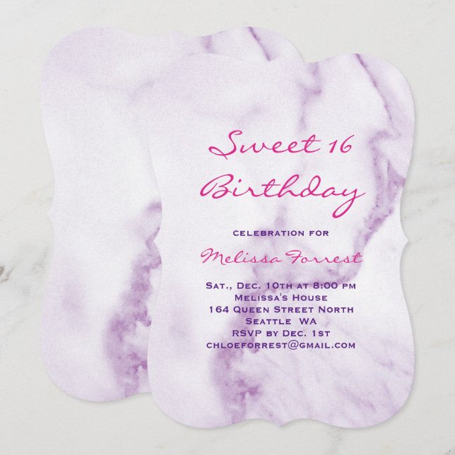 Purple Sweet 16 Marble Birthday Invitation (Front/Back)