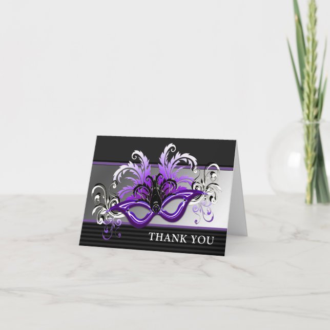 Purple Sweet 16 Masquerade Ball Thank You Note Card (Front)