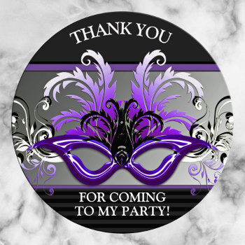 Purple Sweet 16 Masquerade Party Thank You Classic Round Sticker by reflections06 at Zazzle