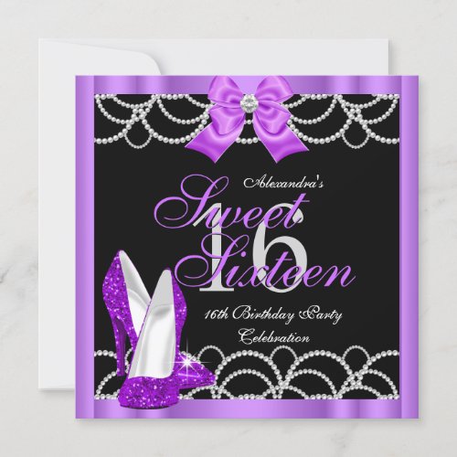 Purple Sweet 16 Party Sweet Sixteen Glitter Black Invitation