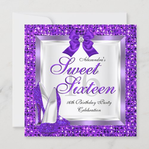 Purple Sweet 16 Party Sweet Sixteen Silver glitter Invitation