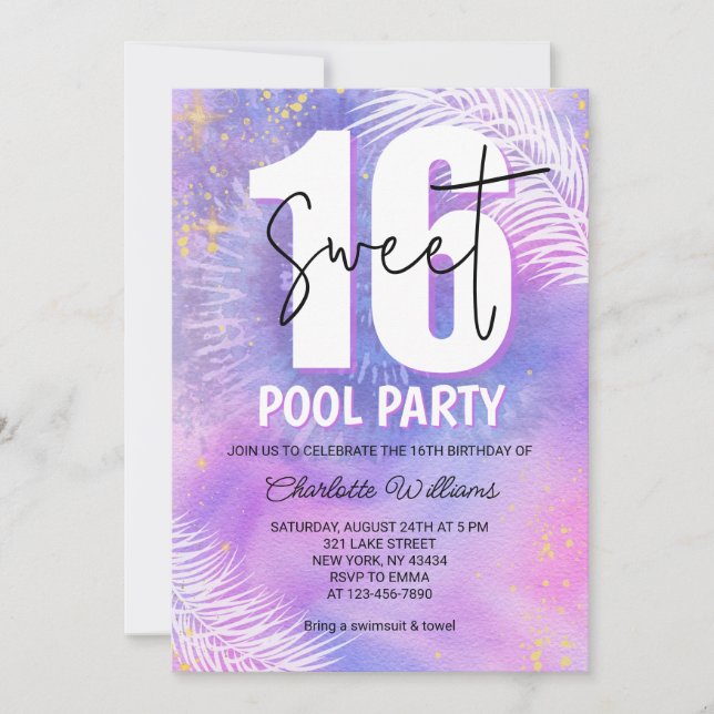 Purple Sweet 16 Pool Party Birthday Invitation (Front)
