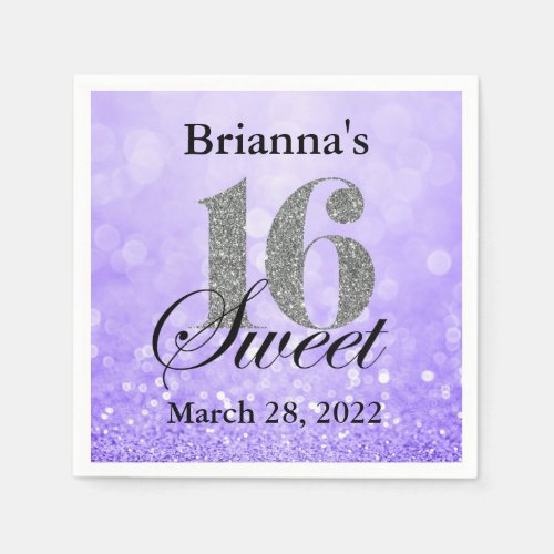 Purple Sweet 16 Silver Glitter Custom Napkin