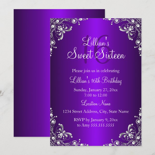 Purple Sweet 16 Silver Pearl Damask Invitation (Front/Back)