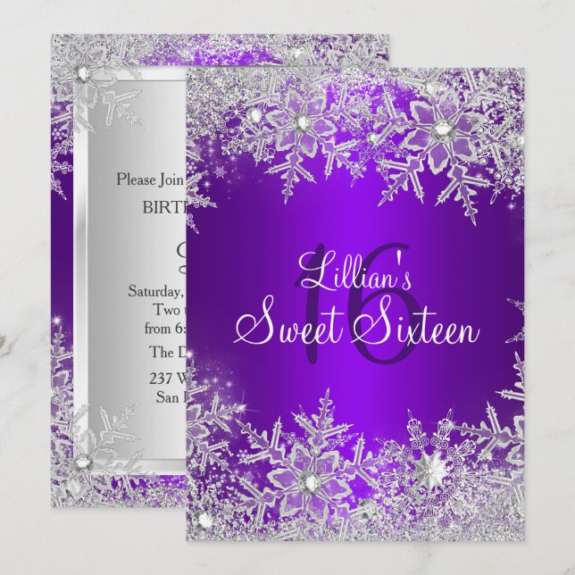 Purple Sweet 16 Snowflake Winter Wonderland Invitation (Front/Back)