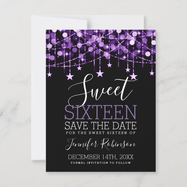 Purple Sweet 16 Sparkly String Lights Save Date Save The Date (Front)