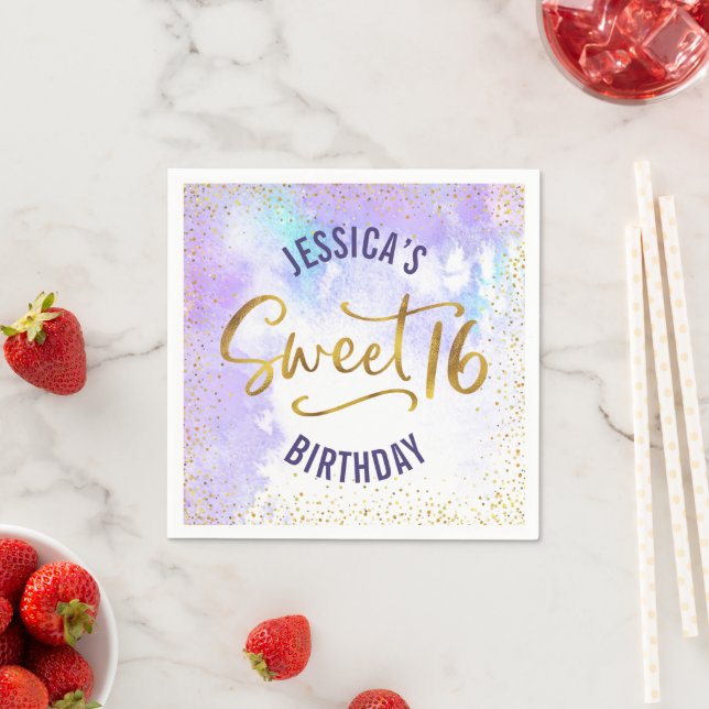Purple Sweet 16 Watercolor Gold Girly Birthday Napkins (Insitu)