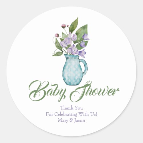 Purple Sweet Pea Flowers Baby Shower Thank You Cla Classic Round Sticker