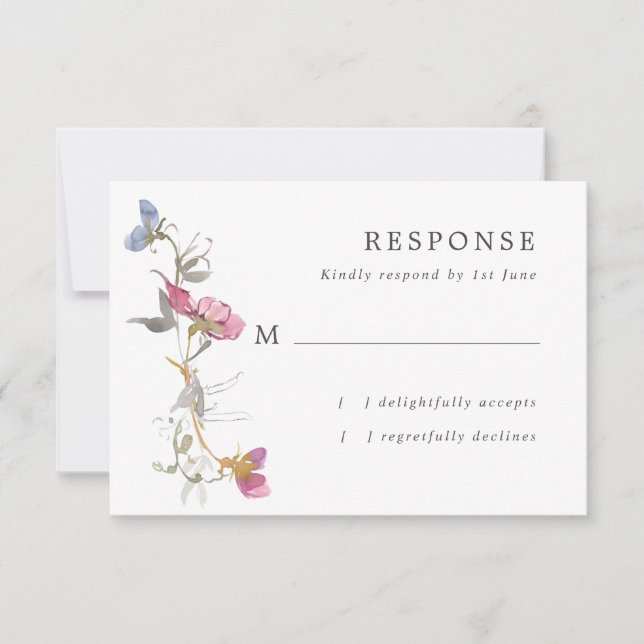 Purple Sweet Pea Wedding RSVP Card (Front)