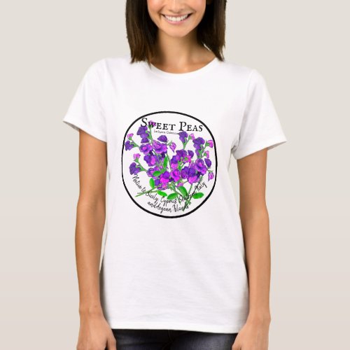 Purple Sweet Peas Botanical by Artist with Text T_Shirt