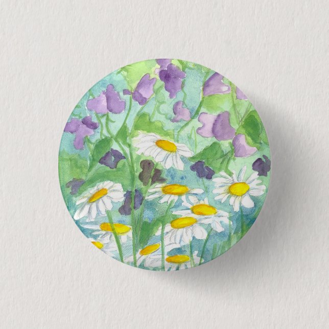 Purple Sweet Peas Daisy Flowers Pinback Button (Front)