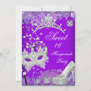Purple Sweet Sixteen 16 Masquerade Party Tiara 2 Invitation