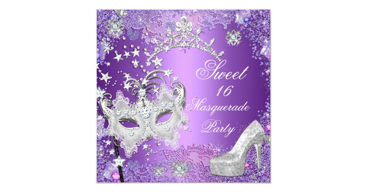 Purple Sweet Sixteen 16 Masquerade Party Tiara Card Zazzle