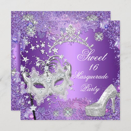 Purple Sweet  Sixteen 16 Masquerade Party Tiara Invitation