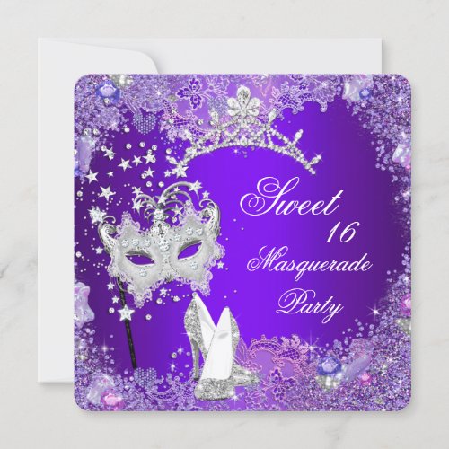 Purple Sweet Sixteen 16 Masquerade Party Tiara Custom Invites