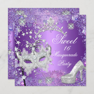 Purple Sweet Sixteen 16 Masquerade Tiara Shoe Invitation