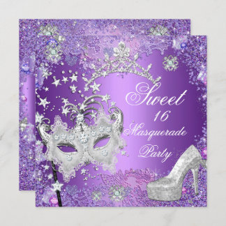 Purple Sweet Sixteen 16 Masquerade Tiara Shoe Invitation
