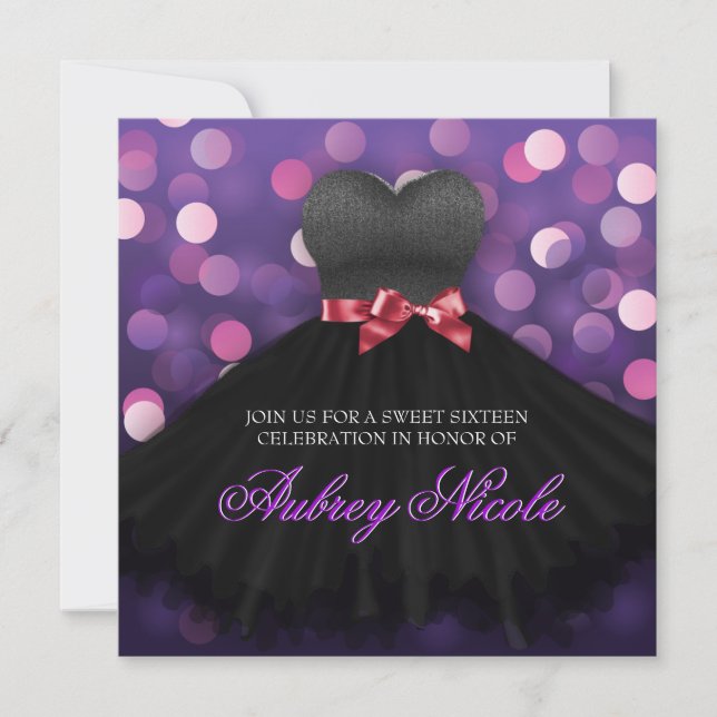 Purple Sweet Sixteen Black Dress Birthday Invite (Front)