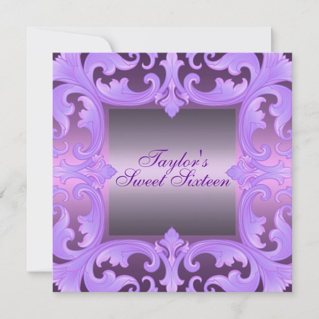Purple Sweet Sixteen Damask Design Birthday Invite (Front)