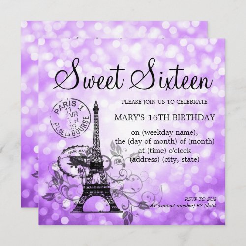Purple Sweet Sixteen Romantic Paris Glam Invitation
