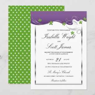 Purple Swirl and Green Floral Design Wedding Invitation