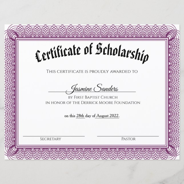 Purple Swirl Border Scholarship Certificate (Front)