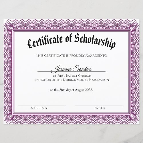 Purple Swirl Border Scholarship Certificate