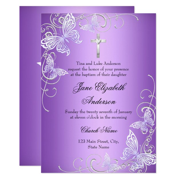 Purple Swirl Butterfly & Cross Baptism Invite