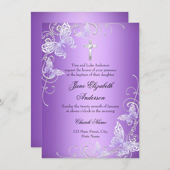 Purple Swirl Butterfly & Cross Baptism Invite (Front/Back)