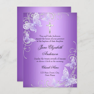 Purple Swirl Butterfly & Cross Baptism Invite