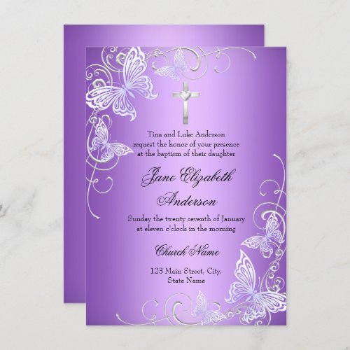 Purple Swirl Butterfly  Cross Baptism Invite